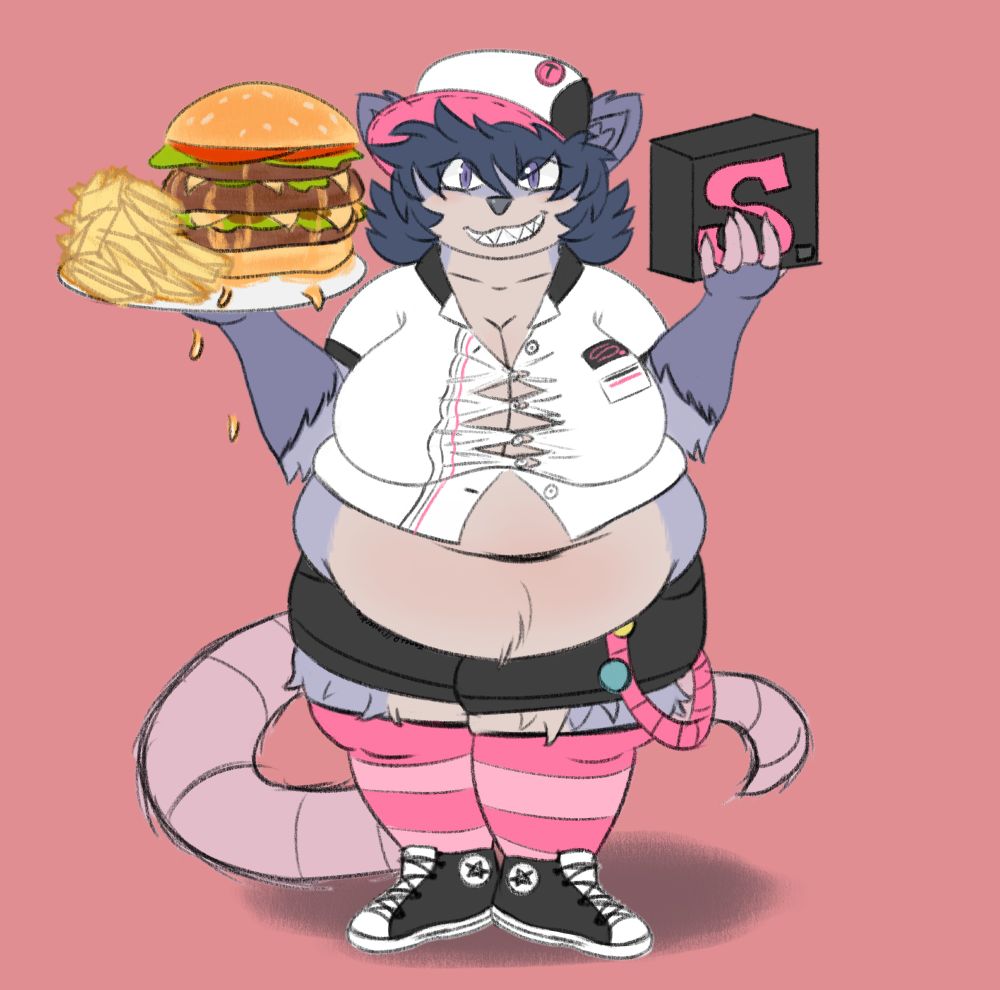 Fat fuck possum gal holding a food plate with a burger and fries on one hand and a company logo on the other. her shirt is waay too small and is on the cusp of ripping. she probably stinks lol.