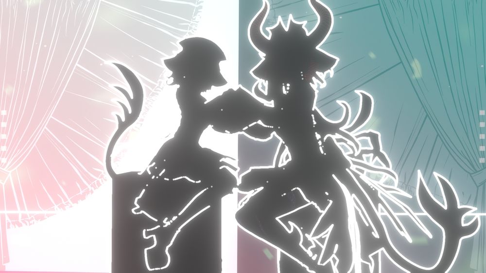 black silhouettes of two figures sitting with their hands intertwined on a black and white backdrop