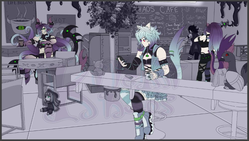 drawing of 4 characters in a cafe: making coffee, at the register ordering, sitting in the back, and sitting at a front bar, in muted colors/greys