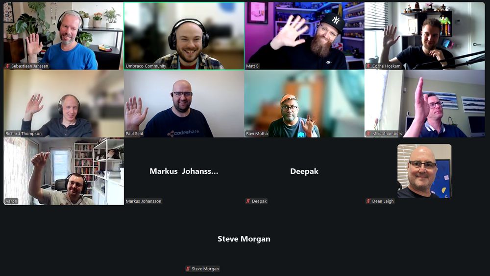 A screenshot of a virtual Umbraco Community Hour meetup with 17 participants. The top rows show attendees with webcams on, including Sebastiaan Janssen, Owain Jones, Matt B, Corné Hoskam, Richard Thompson, Paul Seal, Ravi Motha, Mike Chambers, and Aaron — most are smiling and waving. Some participants, including Markus Johansson, Deepak, Steve Morgan, and Dean Leigh, have either their video turned off or profile pictures displayed. The background settings vary from home offices to blurred or colorful backdrops. The atmosphere is friendly and engaging.