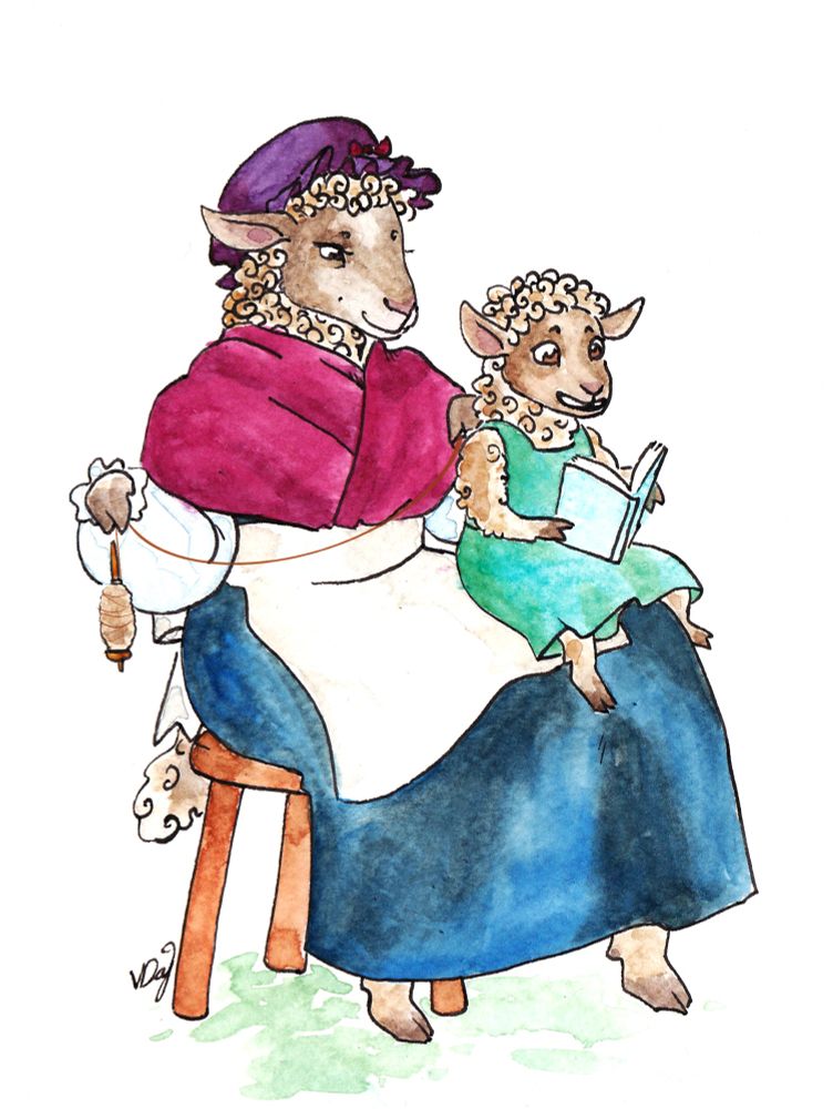 Watercolour illustration of a sheep in clothes, with a lamb on her knee. The sheep is dressed in a skirt, cap, and is wearing a red shawl. She is sitting on a small stool, and the lamb on her lap is wearing a green dress. The lamb is reading out of a book, while the sheep is plucking at the lamb’s wool to spin with a handheld spindle 