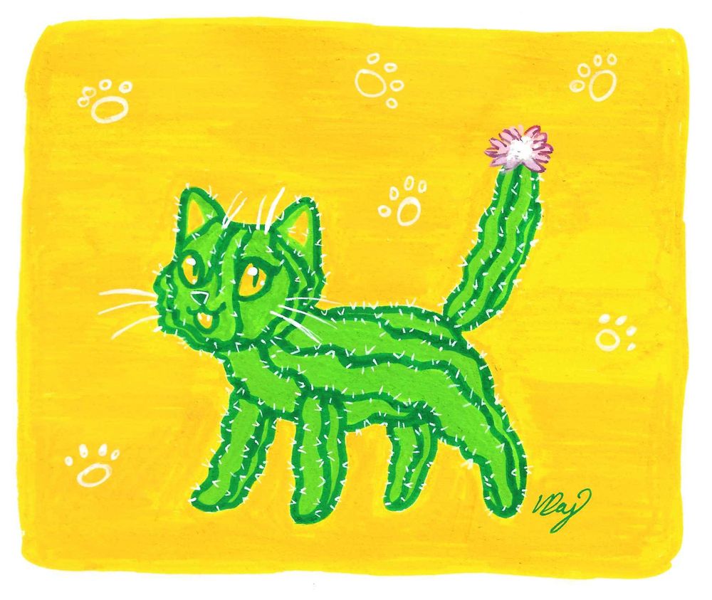 A painting of a cat in front of a yellow background. The cat is green and has darker green wavy lines on it, looking like a cactus. There are needles all over the cat, and on the end of it’s tail there is a pink and white cactus flower