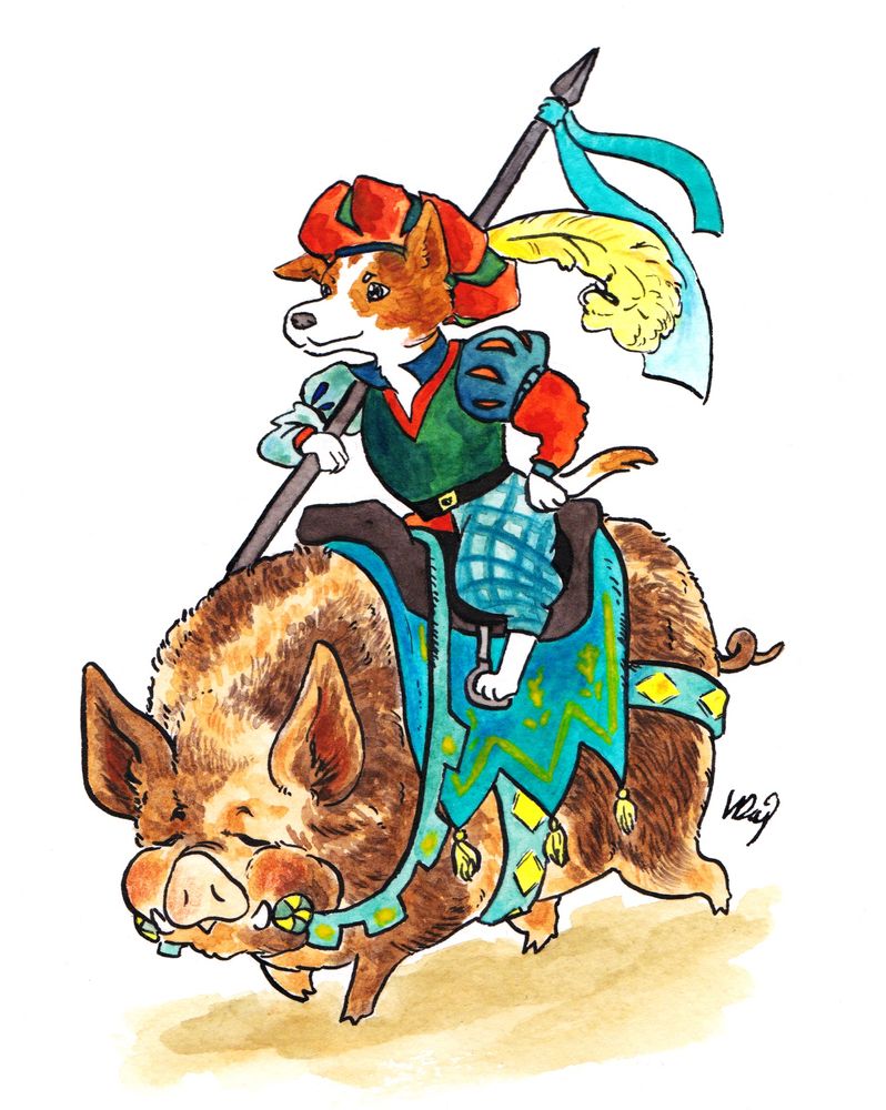 ink and watercolour illustration of a dog dressed as a knight riding a pig instead of a horse. the dog is white with brown spots, it's wearing clashing green blue and orange in the style of a Landsknecht, with a plumed hat. it's holding a lande and has one paw on its hip. the pig is very fat, tan with brown spots. it has a saddle and reigns which are turquoise with yellow detailing 