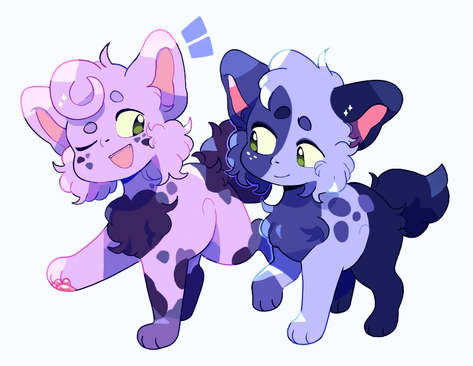 In the left side of the picture, light purple cat, Blackberrypaw is talking about something happily to the right blue cat, Blueberrypaw, who is listening to Blackberrypaw with smile while they are walking.