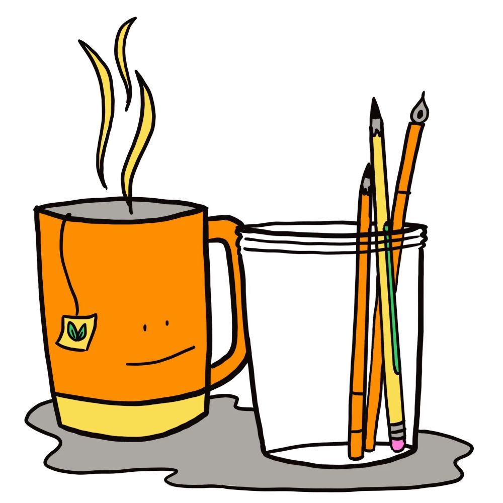 A smiling mug of tea and mason jar full of drawing supplies.