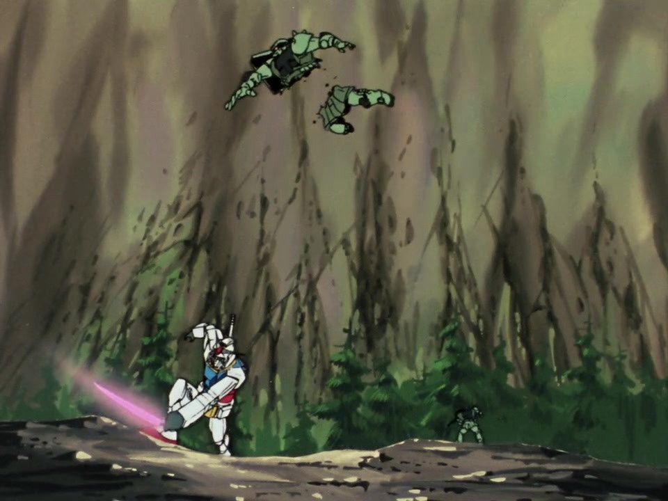 Mobile Suit Gundam 0079 Frame: Gundam RX78 dramatically slicing a Zaku in two, striking a pose before it explodes midair