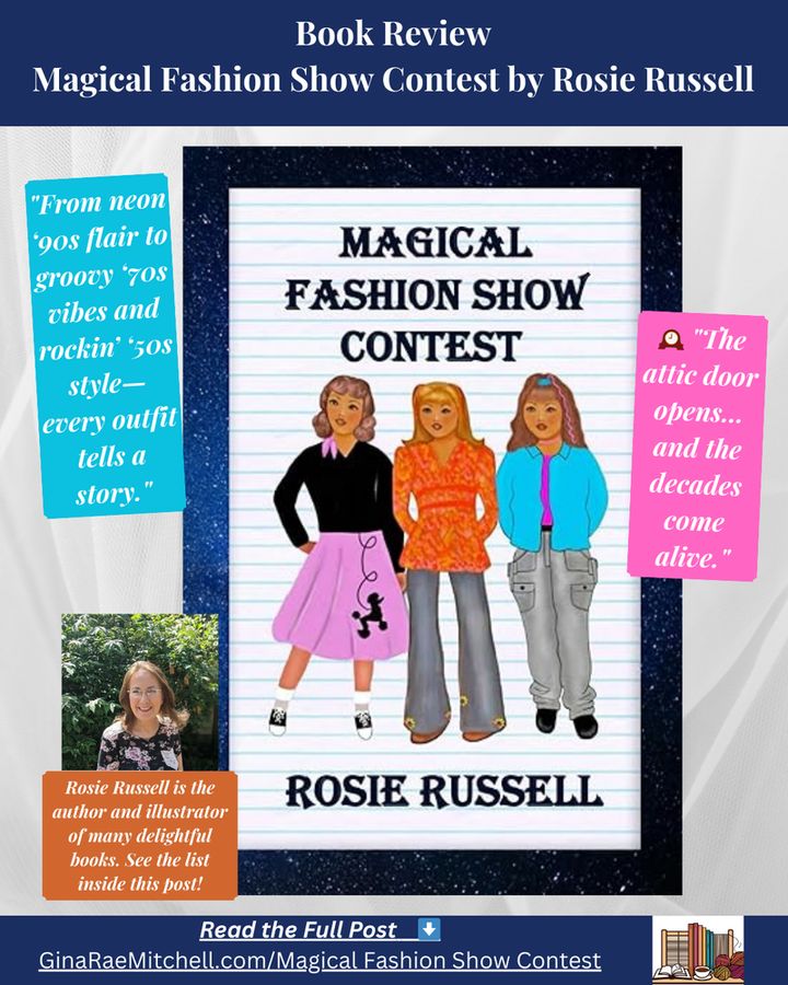 Square Instagram graphic for Magical Fashion Show Contest by Rosie Russell. Shows the book cover in the center, framed by pull quotes on each side and the author’s photo in the bottom left. Highlights the book’s mix of vintage fashion and time-travel mystery.