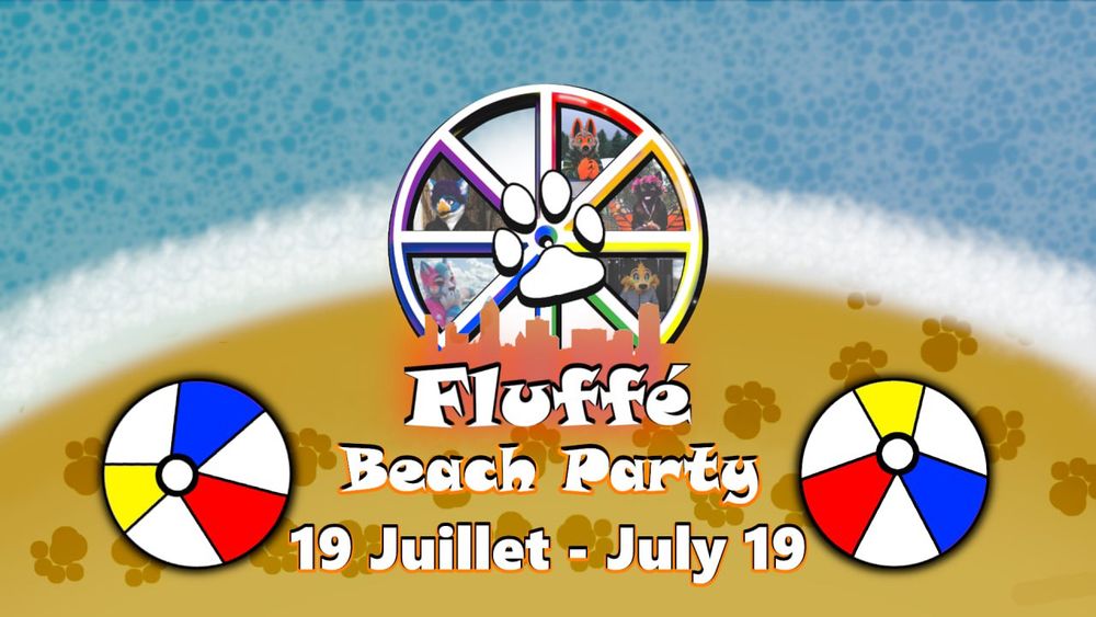 Beach event banner featuring the Fluffé! logo and two beach balls.
The background shows a beach with water and sand, featuring animal paw prints.
The date indicated is July 19.