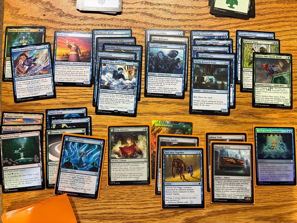 Magic the gathering limited deck blue mostly splash of green cards from a mix oc avatar the last Airbender, spider-man, and Foundations sets. 