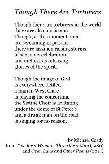 Image shows the text of "Though there are torturers" by Michael Coady from Oven Lane and Other Poems, 2014