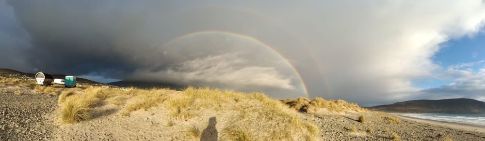 panorama of beach in Mayo showing lots of weather and a double rainbow