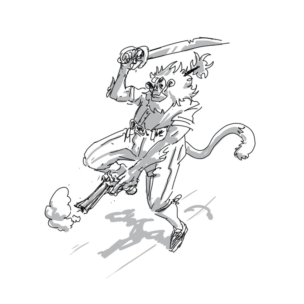 anthropomorphic pirate monkey firing a pistol and holding a saber 