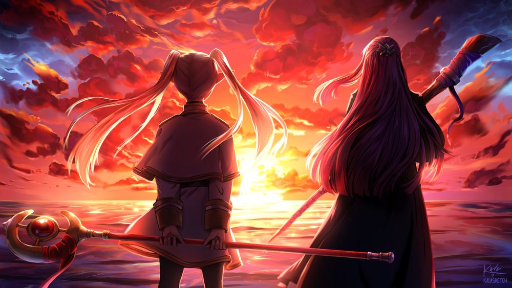 Frieren and Fern from the anime Frieren: Beyond Journey's End are facing a sunset over the ocean. The colors are bright, warm reds with touches of blue. The sun is illuminating the scene and reflecting over the water.