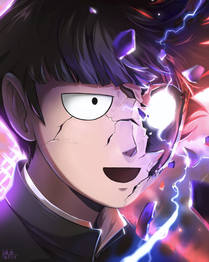 I portrait of Mob with his face depicted as as a mask. Part of the mask is crumbling away to reveal his emotions within.