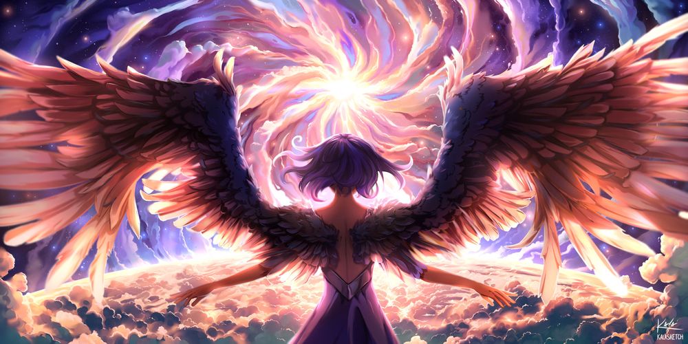 An Angel with her wings spread out facing a spiral sun in the center. She floats above a cloud covered planet.