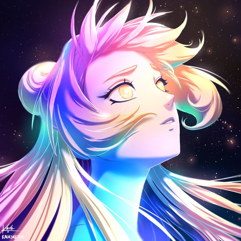 A profile picture of my Vtuber looking up. There are stars in the background. She has rainbow and glow FX overlaid on top of her.