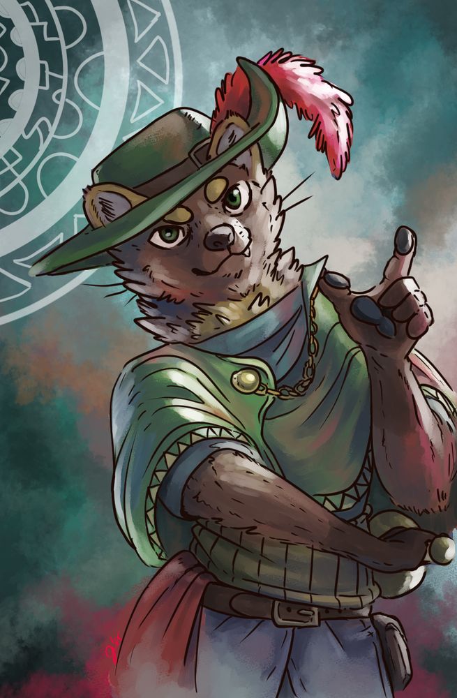 Pine marten in a duelist half cape and cap. The art is drawing in a Triangle Strategy style