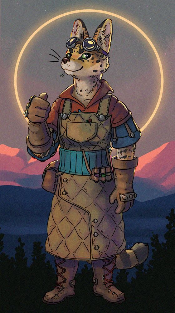 Anthro serval cat who's dressed in fantasy-style botanist/mechanic clothing. He's giving you a thumbs up!