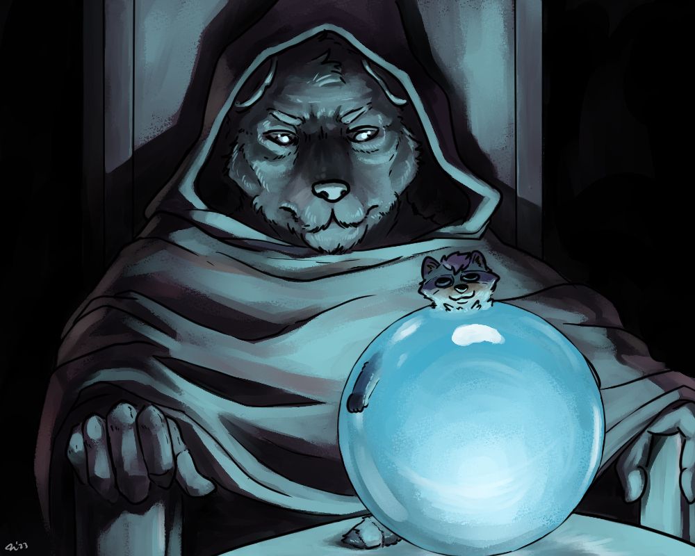 Ponder the orb meme, but the wizard is a dog and the orb is a big silly blue raccoon