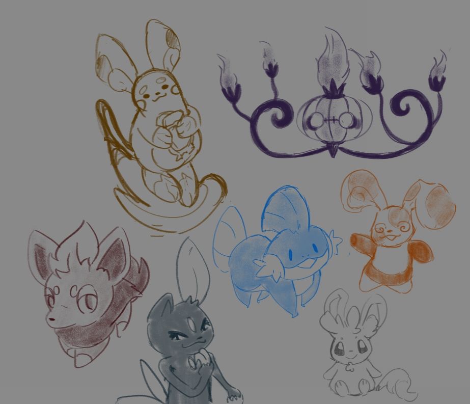 quick sketches of various pokemon: chandelure, alolan raichu (holding a malasada), zorua, sneasel, mudkip, minccino, and spinda.