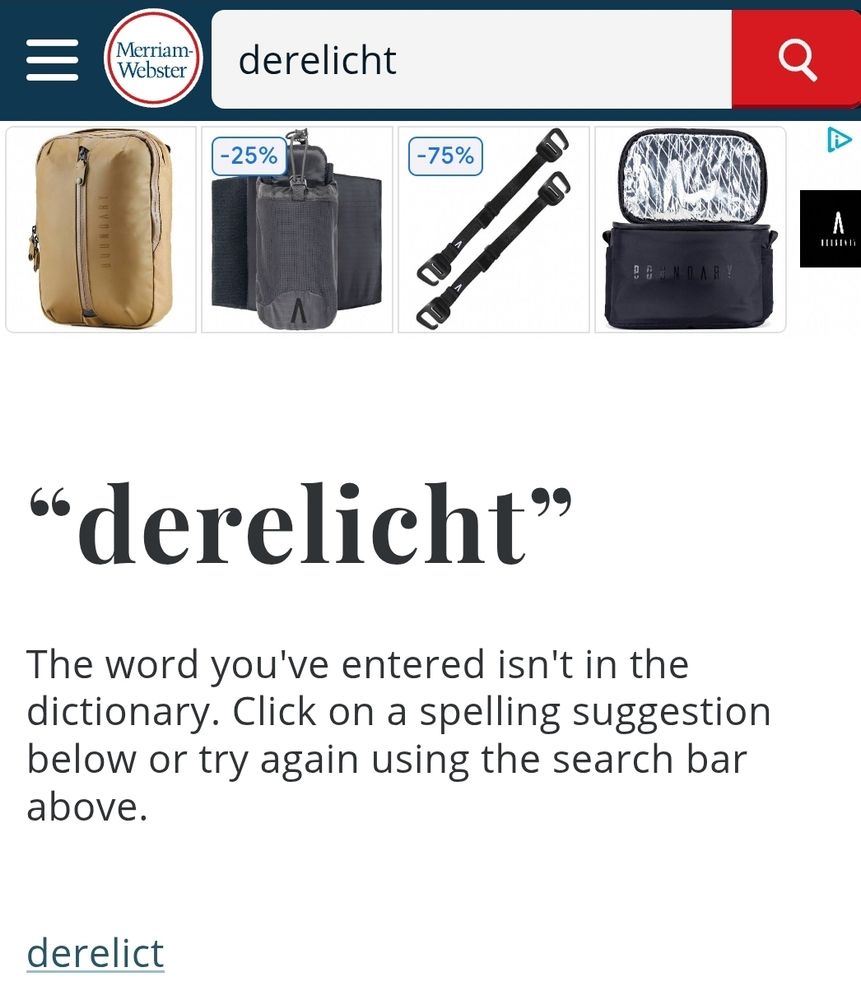 A screenshot of m-w website showing that "derelicht" is a misspelling.