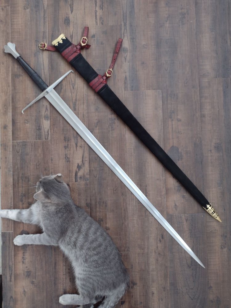 A sword by Arann Reichhardt Swordsmith. It's a type XVA longsword with a fishtail pommel. The scabbard has red leather fixings and brass or copper detailing the main body of the scabbard is in black, and it's just utterly gorgeous. There is also a bonus of a grey cat who is also beautiful.