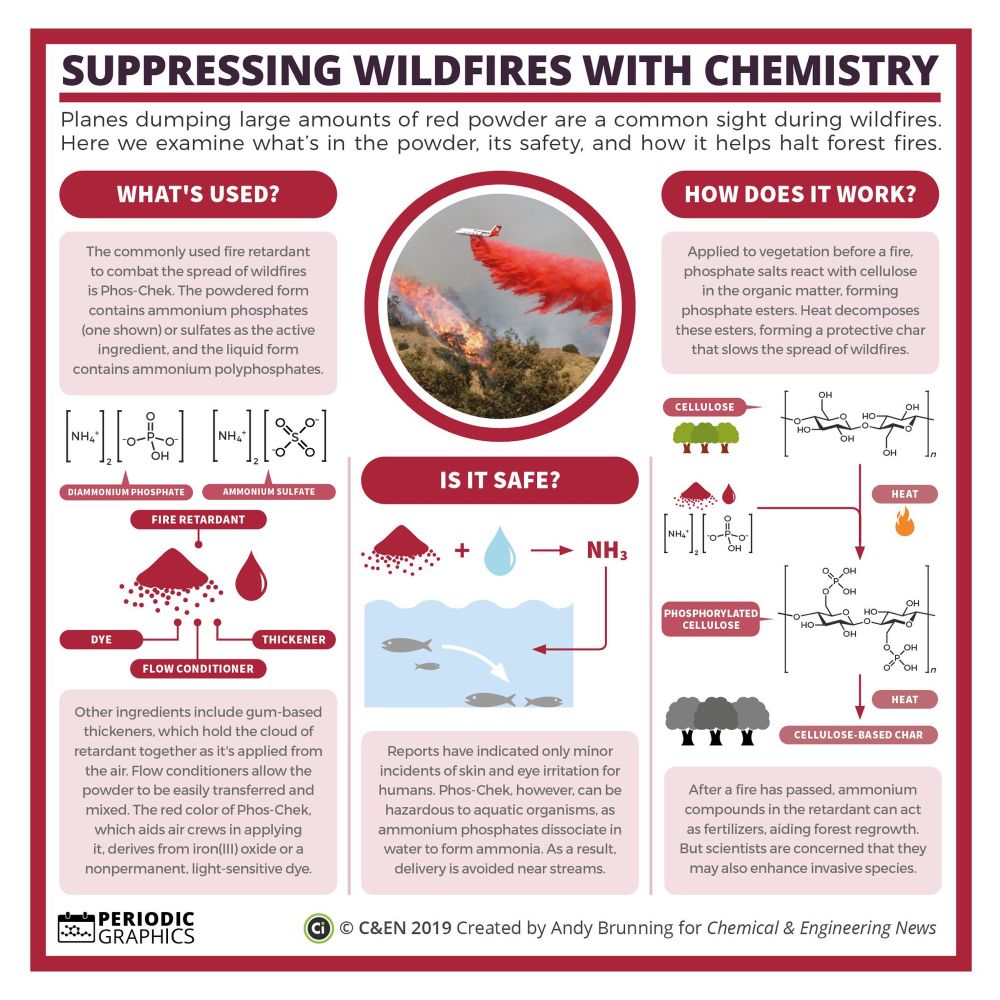 Infographic on suppressing wildfires with chemistry. The graphic looks at Phos-chek, a fire retardant which contains ammonium phosphates or sulfates as the active ingredient. The red colour comes from iron(III) oxide. While Phos-Chek only causes mild skin and eye irritation for humans, it’s hazardous to aquatic organisms. When applied in front of wildfires, Phos-Chek forms phosphate esters which form a protective char that slows wildfires’ spread.