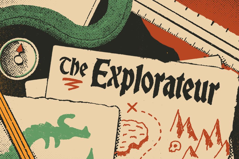 Maps, rulers, and writing implements on a table covered in blood and a snake's tail.