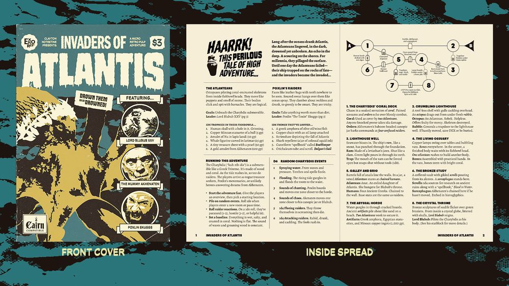 A promotional image showing the cover and inside spread of the adventure which features a diagram map with short pithy entries.