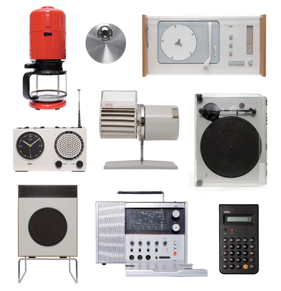 A collection of products designed by dieter rams, including a coffee maker, radio, speaker, calculator, and rolodex. They're all very minimalist with simple geometric shapes. They look like something out of 2001: A Space Odyssey. 