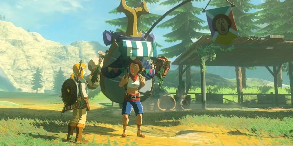 Beetle, from Legend of Zelda's Breath of the Wild, carrying a massive backpack covered in wares. It is shaped like a great horned beetle.