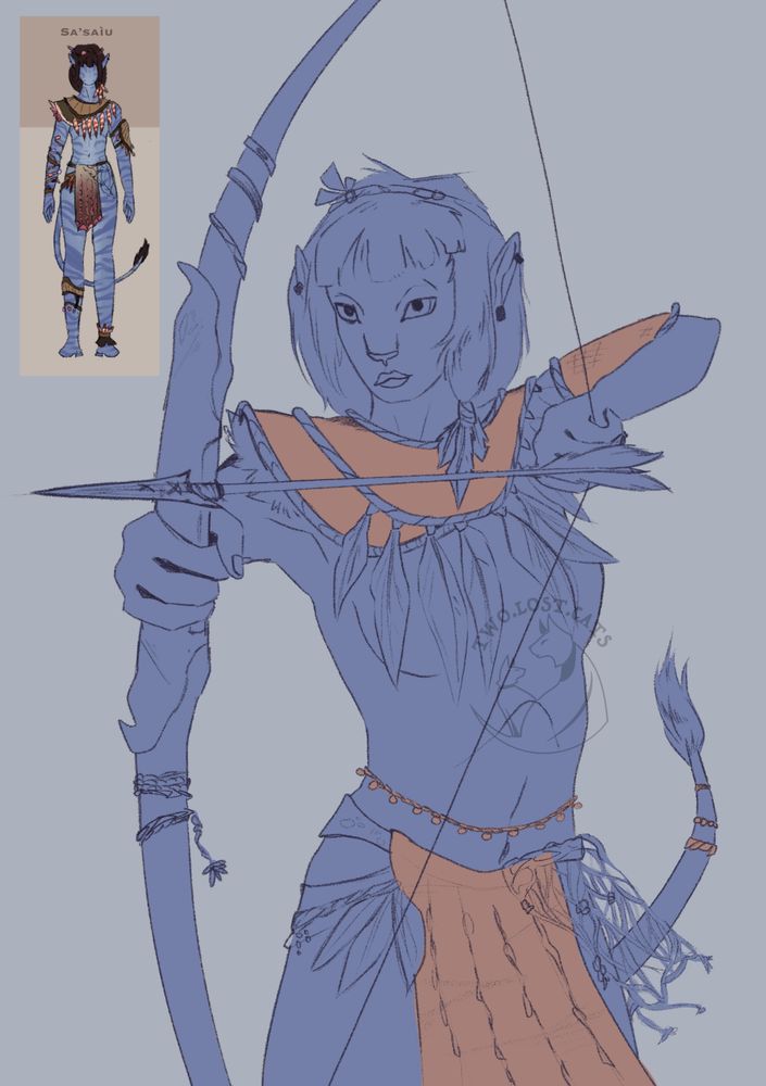 Navi oc Sa'saiu is aiming her bow and arrow at something off screen, this is a digital illustration and is not yet complete, so far only the outline and some base colours are done. 
