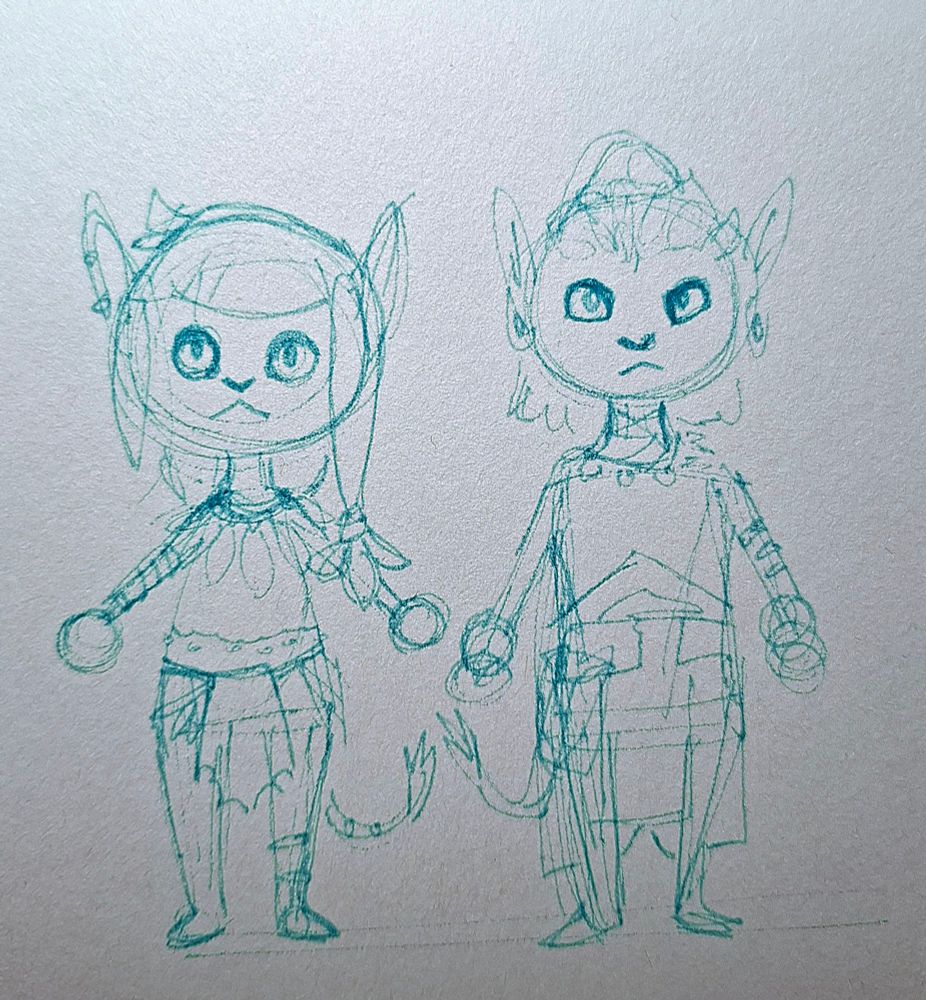 Two navi ocs in an animal crossing chibi style sketched in blue ink pens on a card stock paper