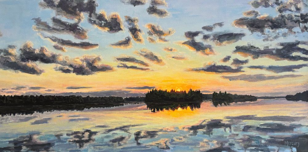 Original painting of the sun rising over an island in Lake of the Woods with land at varying distances at the horizon, airy clouds in the sky and reflecting on the lake in shades of orange and blue 