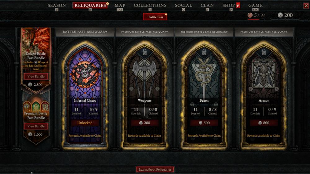 A screenshot of Diablo 4 showing the "reliquary" of unlockable items. There are 4 categories, with the first (Infernal chaos) unlocked by default. The others cost increasing amounts of platinum, an in game currency that you can purchase with real money. The second (weapons) is 200, the next (beasts) is 500, and the last (armor) is 800.