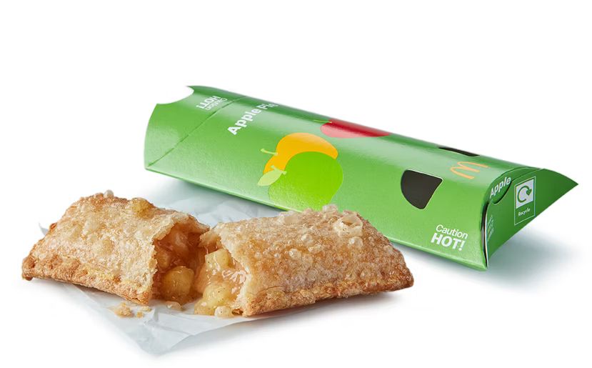 Soup (A McDonald's apple pie cut in half so you can see the filling, a green sleeve is in the background)