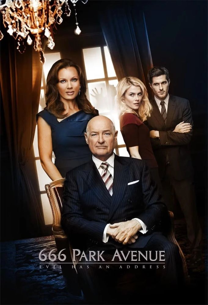 Promo image for 666 park avenue, a show about a cursed building or something? It features Terry O'Quinn (the bald guy from lost) sitting in a chair and vanessa williams behind him, with 2 other people standing in the background. You can see a figure holding a hand up against a window in the far background