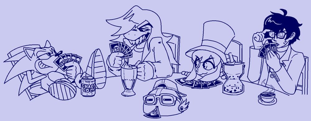 Sonic the Hedgehog, Susie (Deltarune), Hat Kid (A Hat in Time), an Joker (Persona 5) all playing a game of UNO with custom drinks. Cube from Live A Live sticks halfway out of the center of the table, a card in his mouth implying he is the one dealing out the cards to the player. He's about to spit a card at the viewer.