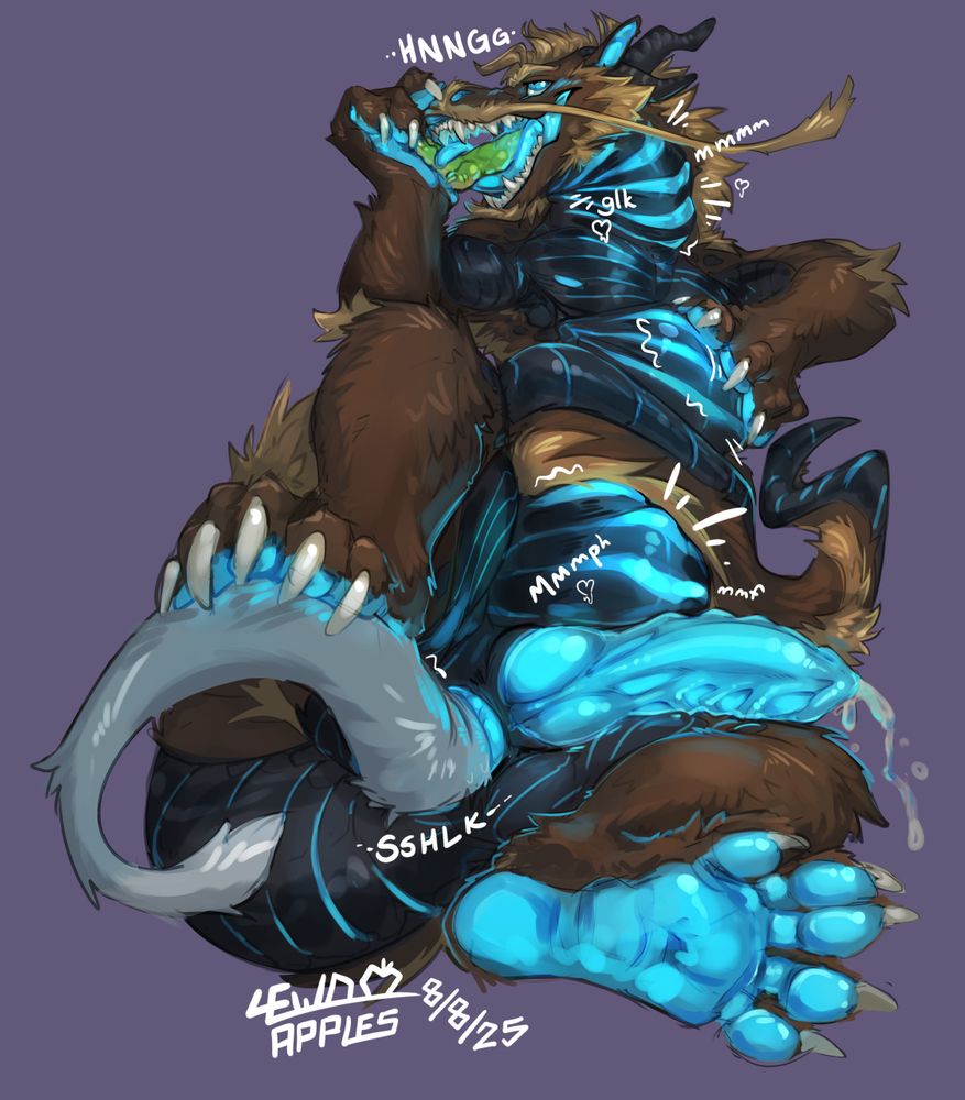 Caerus sharing a hand hold with his (oral vore) prey as he pushes them deeper in his throat, hind paw shoving the tail of another (anal vore) prey further in his ass. Long torso bulged out split in the middle by his tail wrapping around. Lots of mmmph and sshlk and hnnng sounds, while Caerus' cock leaks everywhere.
Thank you alt-text reader for enjoying my dialogue with you.