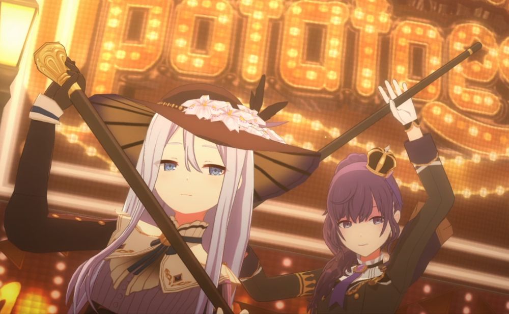 Kanade Yoisaki and Mafuyu Asahina in the Becoming Potatoes 3DMV. They are holding up their canes with both hands and have serious expressions.