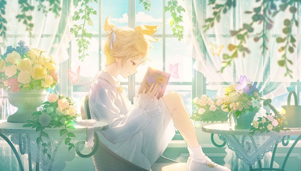 kagamine len's mizu6 card. he's reading a book about flowers.