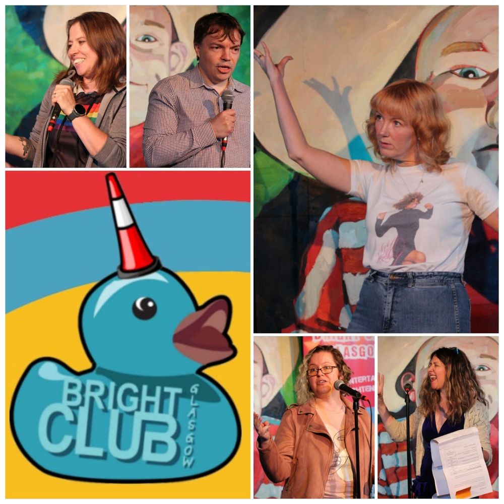 A collage of academics and researchers performing on stage as part of the Bright Club Glasgow comedy night. With the Bright Club logo at the bottom left, a blue rubber duck with a cone on its head with a yellow, blue, and red background. 