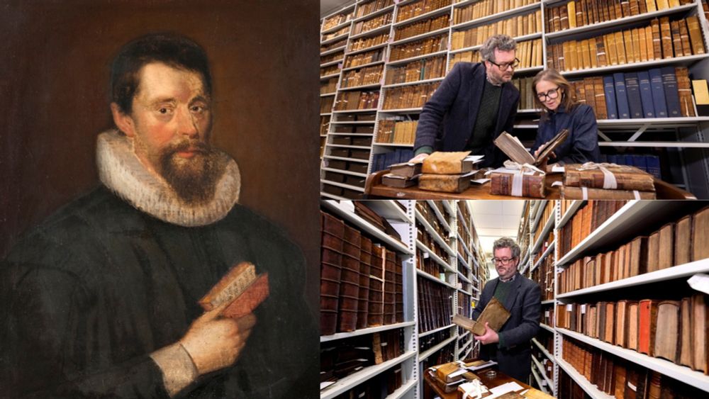 Composite image showing three scenes. Left: Portrait of Zachary Boyd holding a book, painted by George Jameson. Image credit: The Hunterian, University of Glasgow. Top right: Professor Adrian Streete and Siobhán Convery, Director of Library Collections, examining a dictionary from Zachary Boyd’s personal library. Bottom right: Professor Adrian Streete holding a book among shelves of old volumes from Boyd’s library. Photo credit for both right images: Martin Shields.