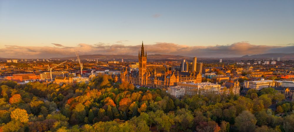 A drone photo of the University of Glasgow campus taken in Autumn.