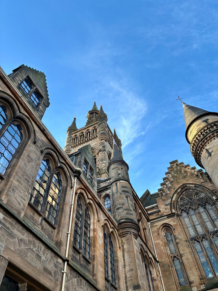 A close up of the UofG tower taken from the east quad. Clear blue skies above