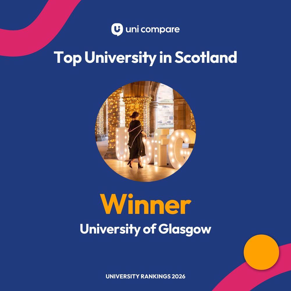 A graphic with a blue background and a photograph of a student wearing graduation robes in the University of Glasgow cloisters. Text reads: Uni Compare. Top university in Scotland. Winner: University of Glasgow. University rankings 2026.