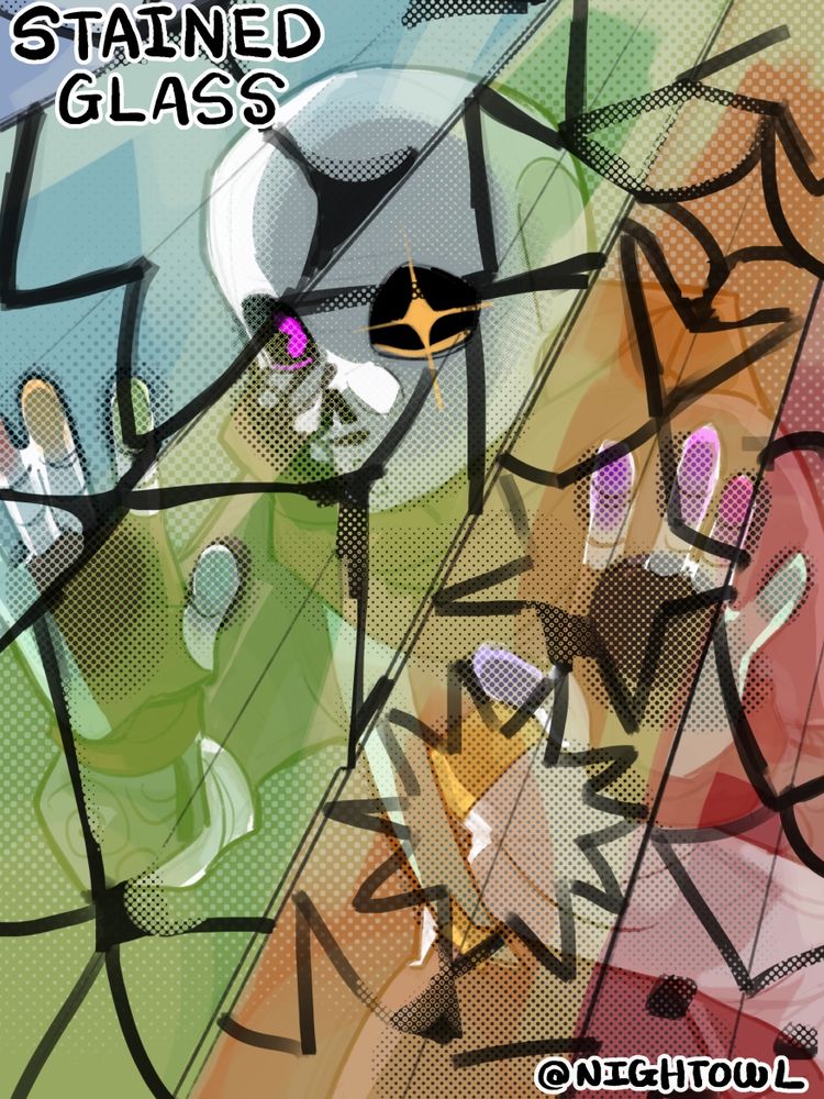 Ink! Sans is peering through the stained glass, looking at the viewer.