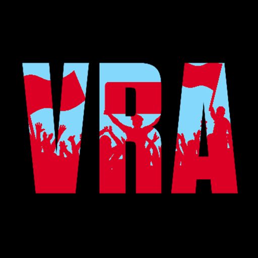 VRAction logo: the letters VRA in bold, with protesting figures in red against a blue sky filling the letters.