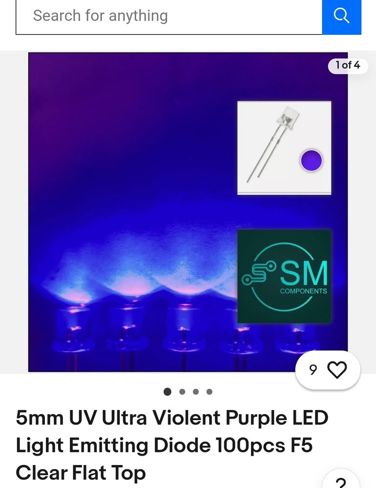 A screenshot of an ebay listing for small purple LED diode components. The listing should say "UV Ultra Violet LEDs", but instead it says "UV Ultra Violent LEDs".
