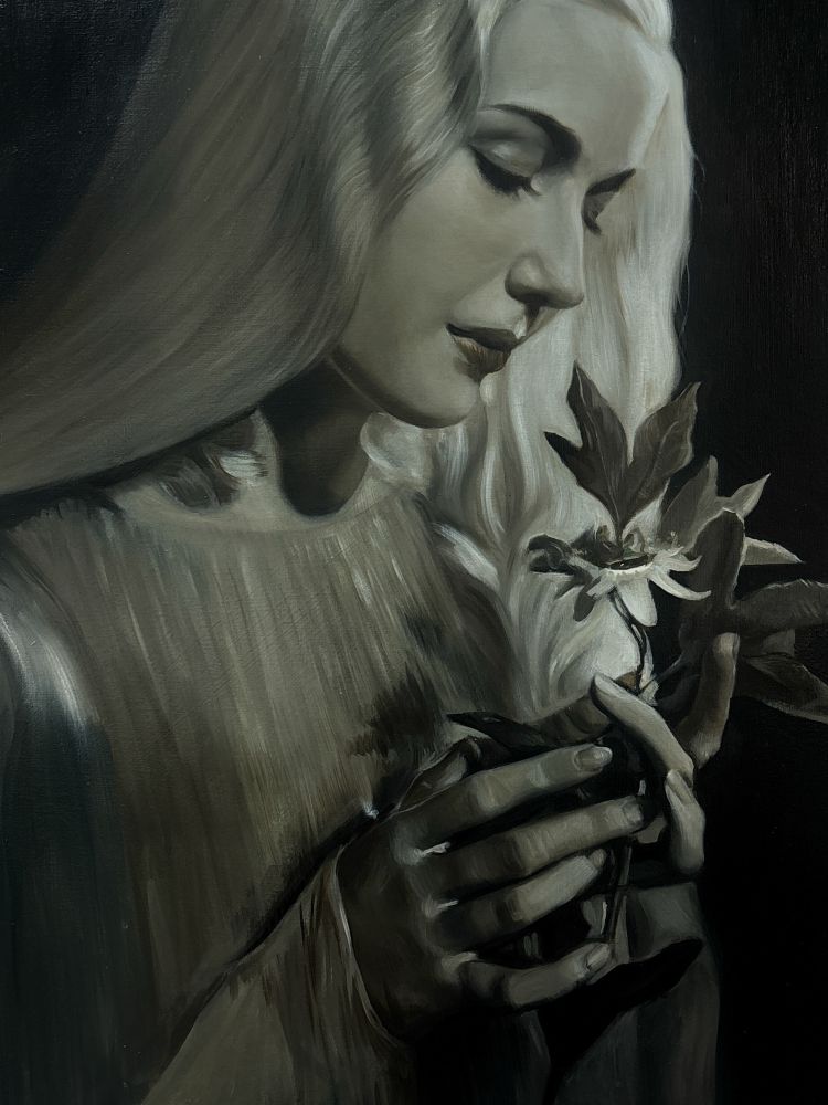 Painting of a woman holding flowers. 